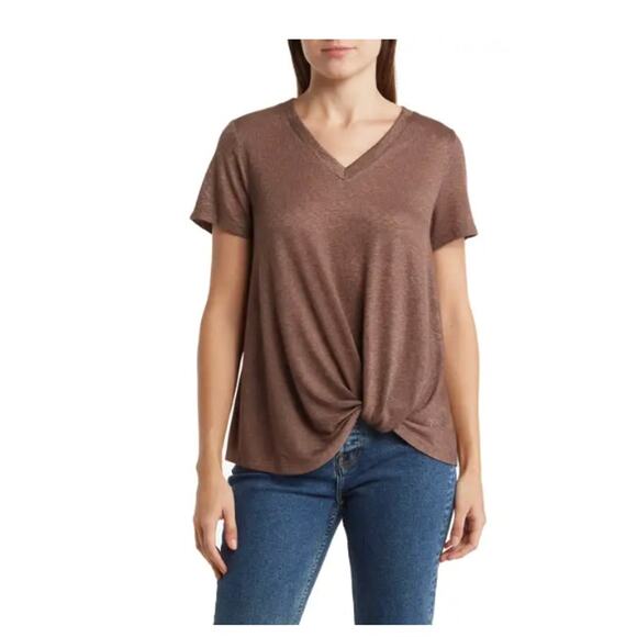 Caslon Twist Hem V-Neck Slub Knit Short Sleeve Top Small Coffee Bean - Picture 1 of 7